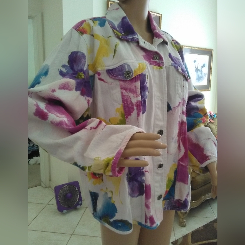 VINTAGE CHICOS ADORABLE INK BLOT FLORAL Multicolor Women's Denim Jacket SZ.3 - Picture 2 of 7